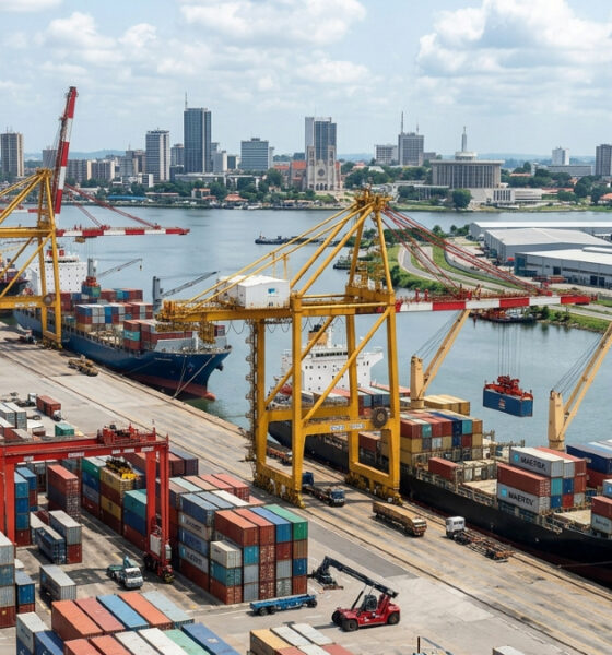 Container ships at Abidjan port with cranes loading goods, symbolizing West Africa's shift from consumer frontier to production and logistics hub - challenging outdated "One Africa market" assumptions.