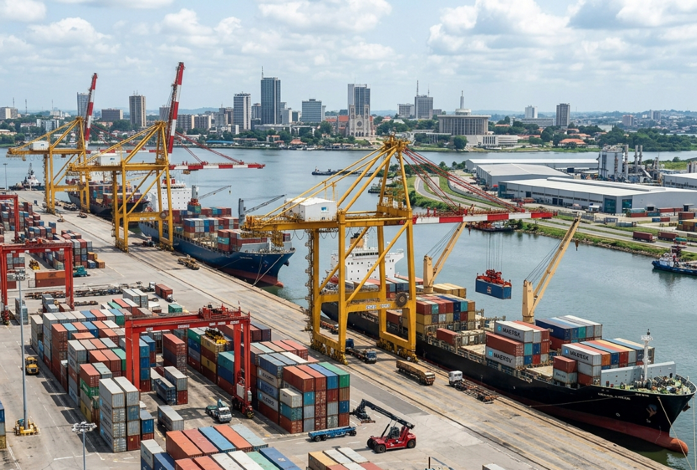 Container ships at Abidjan port with cranes loading goods, symbolizing West Africa's shift from consumer frontier to production and logistics hub - challenging outdated "One Africa market" assumptions.