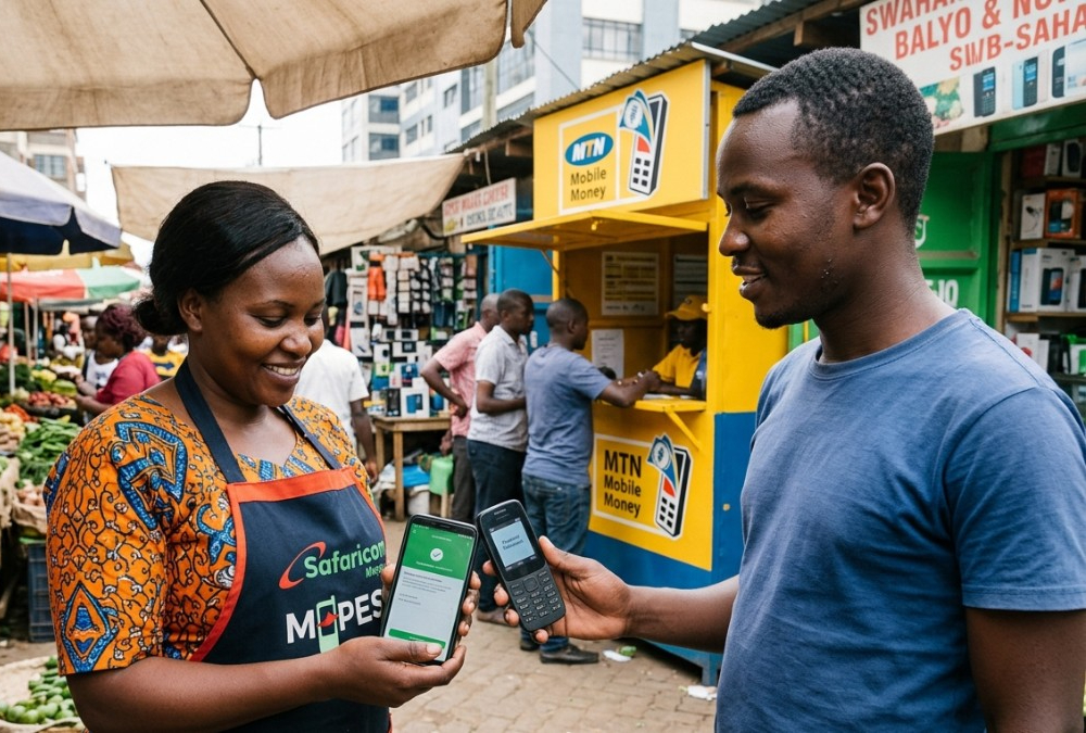 Mobile money and digital payment adoption in Africa, showcasing fintech innovation led by companies like Safaricom and MTN driving financial inclusion across sub-Saharan Africa.
