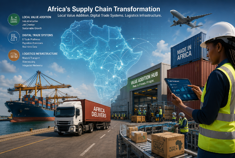 Visualization of Africa’s supply chain transformation focusing on local value addition, digital trade systems, and logistics infrastructure