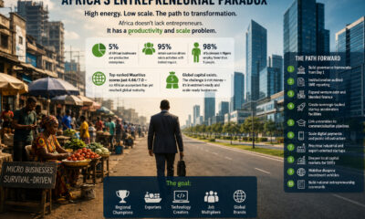 Infographic showing Africa’s entrepreneurship ecosystem highlighting high startup activity but low business scale and productivity, with most firms remaining micro-enterprises and limited industrial growth despite available global capital.
