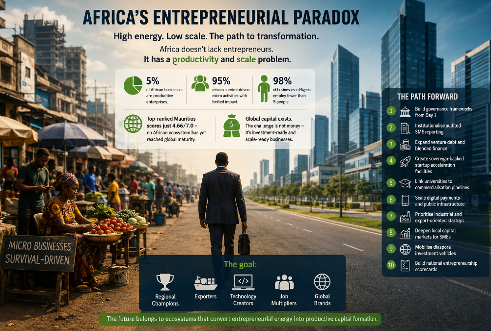 Infographic showing Africa’s entrepreneurship ecosystem highlighting high startup activity but low business scale and productivity, with most firms remaining micro-enterprises and limited industrial growth despite available global capital.
