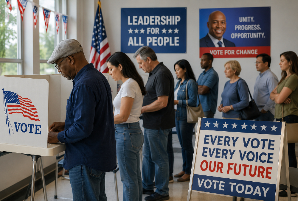 Diverse voters at polling station highlighting Black candidates succeeding without majority-Black electorates