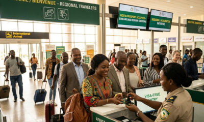 African travelers passing through an airport border checkpoint, representing the easing of visa restrictions and the push toward continental mobility under AfCFTA.