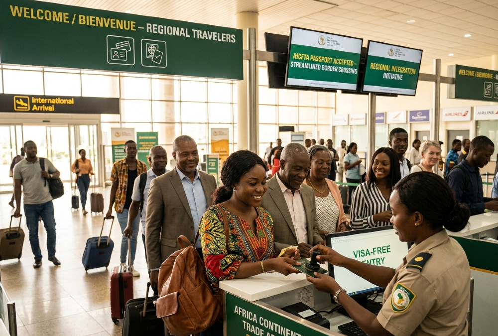 African travelers passing through an airport border checkpoint, representing the easing of visa restrictions and the push toward continental mobility under AfCFTA.