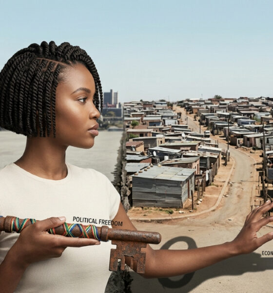 Conceptual illustration of South Africa’s unfinished post-apartheid transformation, highlighting the gap between political freedom and economic inclusion, township inequality, and access to land, capital, and opportunity.