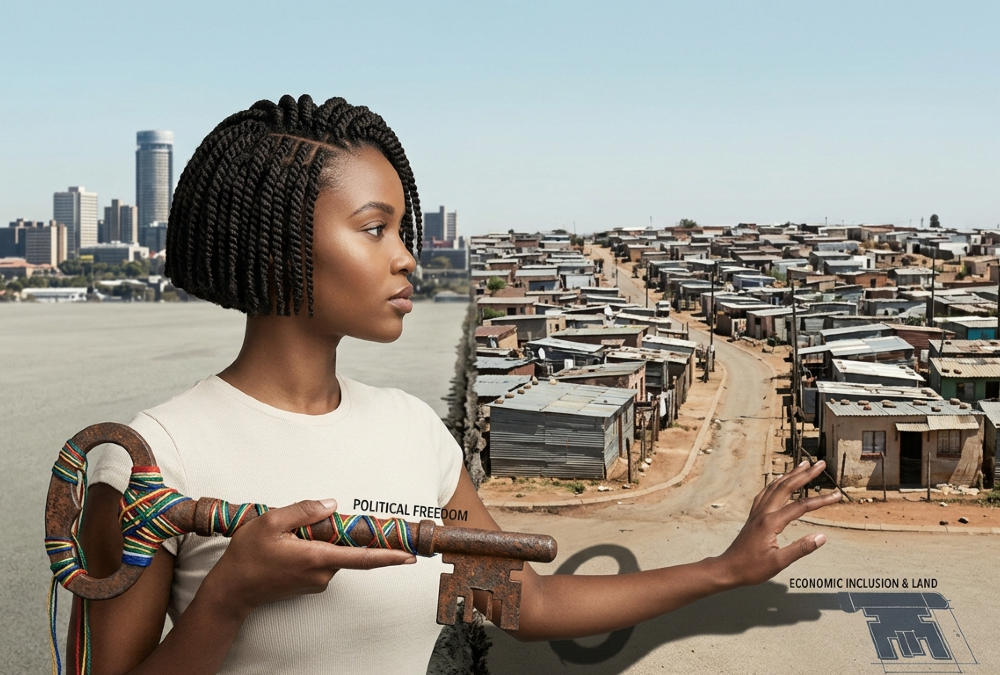 Conceptual illustration of South Africa’s unfinished post-apartheid transformation, highlighting the gap between political freedom and economic inclusion, township inequality, and access to land, capital, and opportunity.