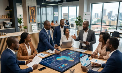 African entrepreneurs and investors collaborating across connected markets, illustrating African integration and startup governance through digital trade, fintech, healthcare, and energy innovation.
