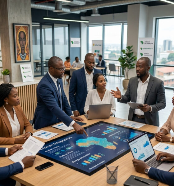 African entrepreneurs and investors collaborating across connected markets, illustrating African integration and startup governance through digital trade, fintech, healthcare, and energy innovation.