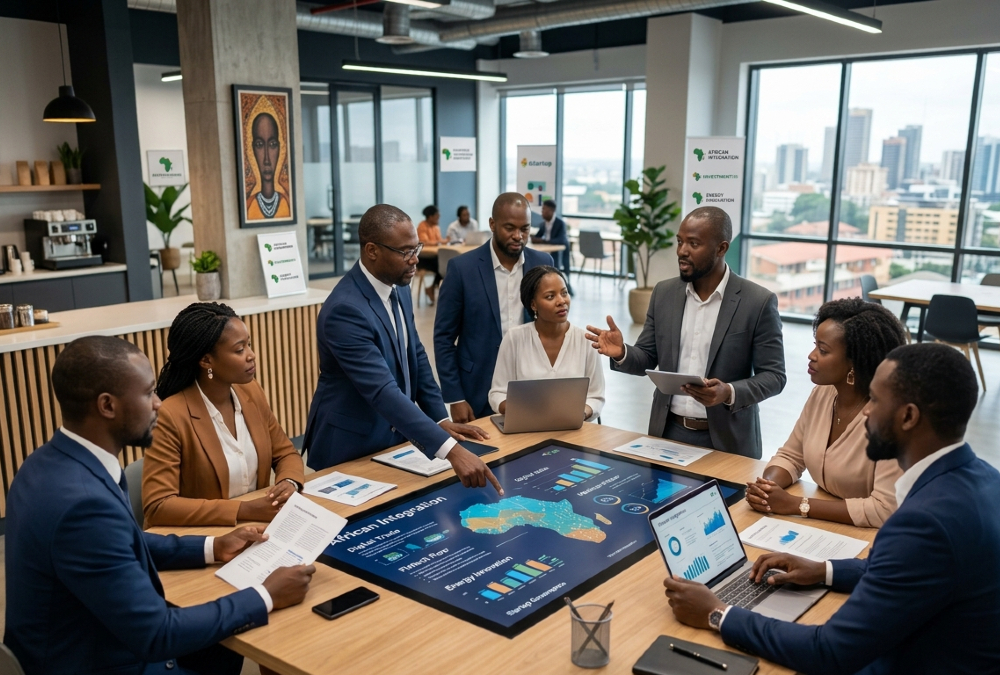 African entrepreneurs and investors collaborating across connected markets, illustrating African integration and startup governance through digital trade, fintech, healthcare, and energy innovation.