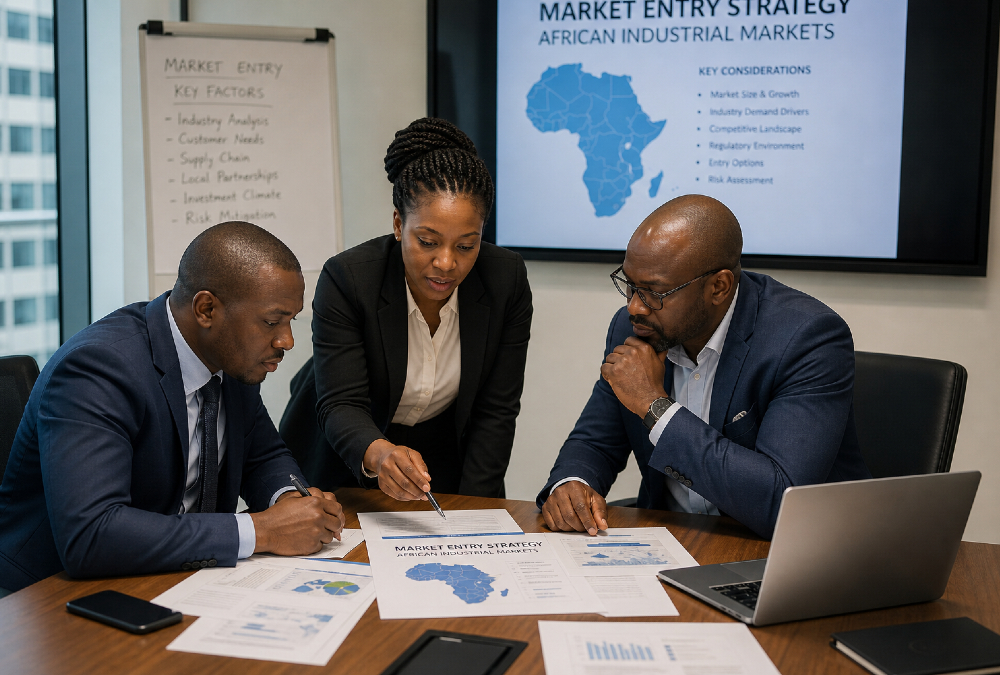 African Business professionals reviewing market entry strategy documents for African industrial markets