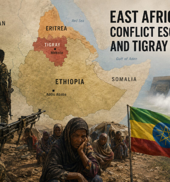 Map of the Horn of Africa showing Ethiopia, Eritrea, Sudan, and surrounding countries, illustrating the East Africa conflict escalation and Tigray crisis, with highlighted conflict zones, military tensions, and Nile River dam developments impacting regional stability