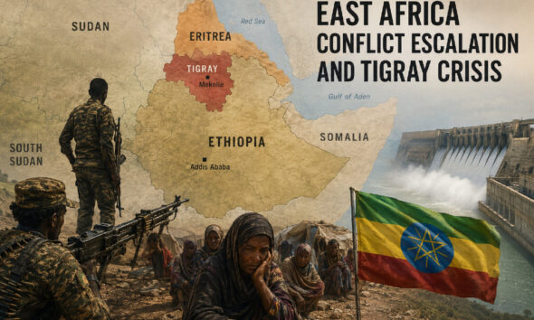 Map of the Horn of Africa showing Ethiopia, Eritrea, Sudan, and surrounding countries, illustrating the East Africa conflict escalation and Tigray crisis, with highlighted conflict zones, military tensions, and Nile River dam developments impacting regional stability