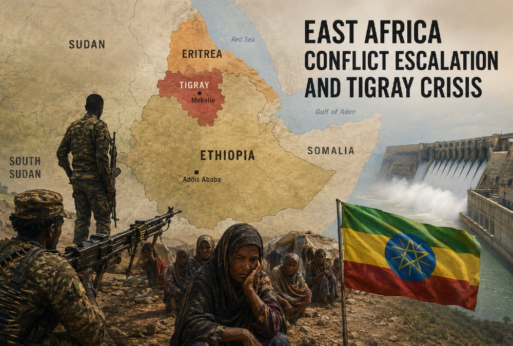 Map of the Horn of Africa showing Ethiopia, Eritrea, Sudan, and surrounding countries, illustrating the East Africa conflict escalation and Tigray crisis, with highlighted conflict zones, military tensions, and Nile River dam developments impacting regional stability