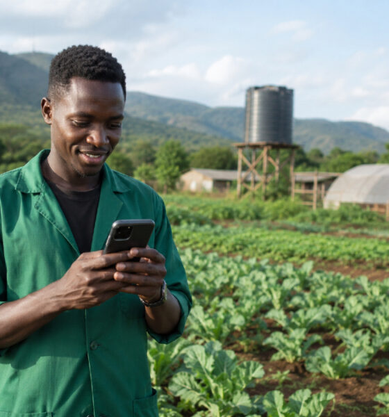 A young African agripreneur using a smartphone in a thriving rural farm, symbolizing digitally connected rural economic development in Africa.