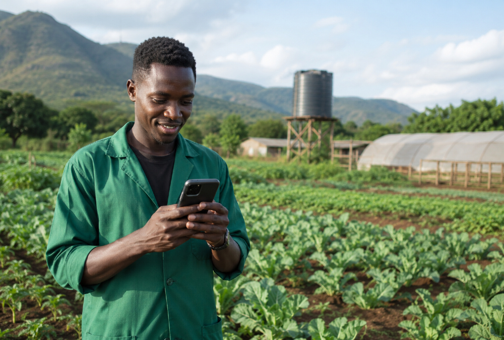 A young African agripreneur using a smartphone in a thriving rural farm, symbolizing digitally connected rural economic development in Africa.