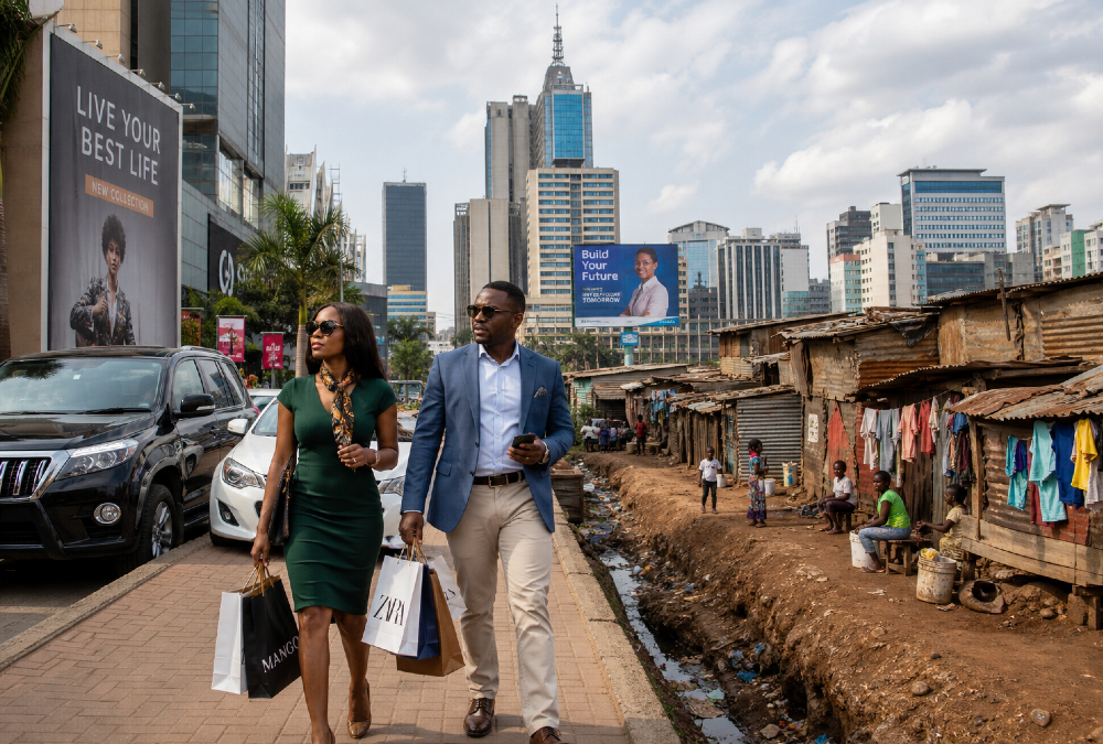 Illustration of Africa’s emerging middle class highlighting urban consumption, economic fragility, and structural inequality
