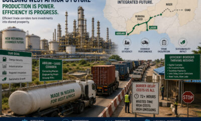 Illustration of West Africa trade corridors efficiency challenges showing Nigerian refineries, cross-border logistics delays, ECOWAS transport bottlenecks, and African port and corridor integration efforts.