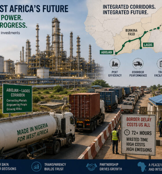 Illustration of West Africa trade corridors efficiency challenges showing Nigerian refineries, cross-border logistics delays, ECOWAS transport bottlenecks, and African port and corridor integration efforts.