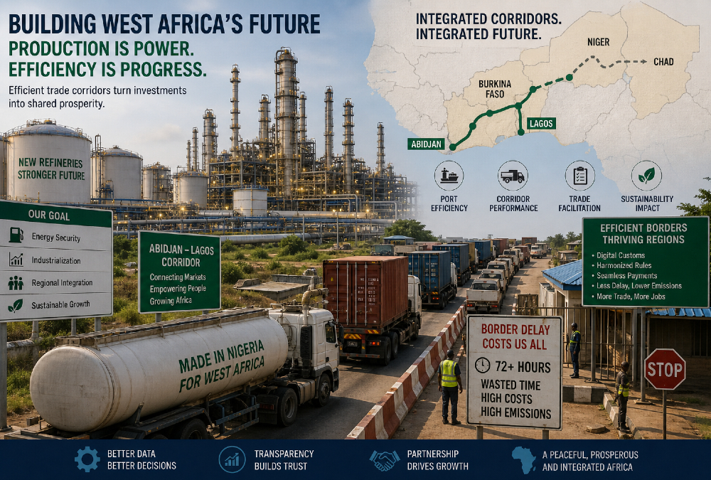 Illustration of West Africa trade corridors efficiency challenges showing Nigerian refineries, cross-border logistics delays, ECOWAS transport bottlenecks, and African port and corridor integration efforts.