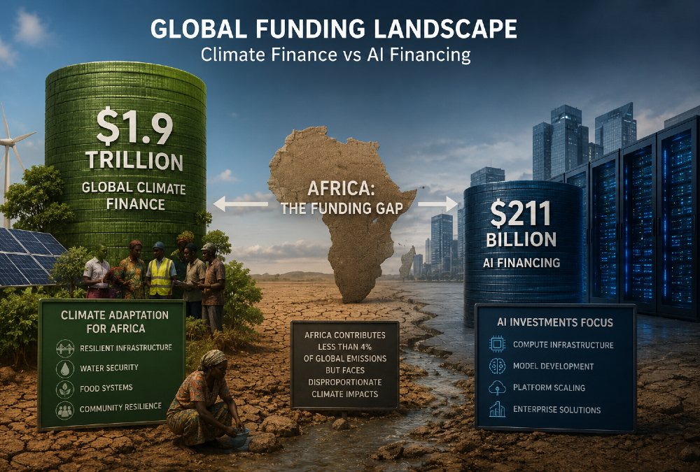 Global climate finance totaling $1.9 trillion versus AI financing at $211 billion, illustrating the funding gap for African climate adaptation