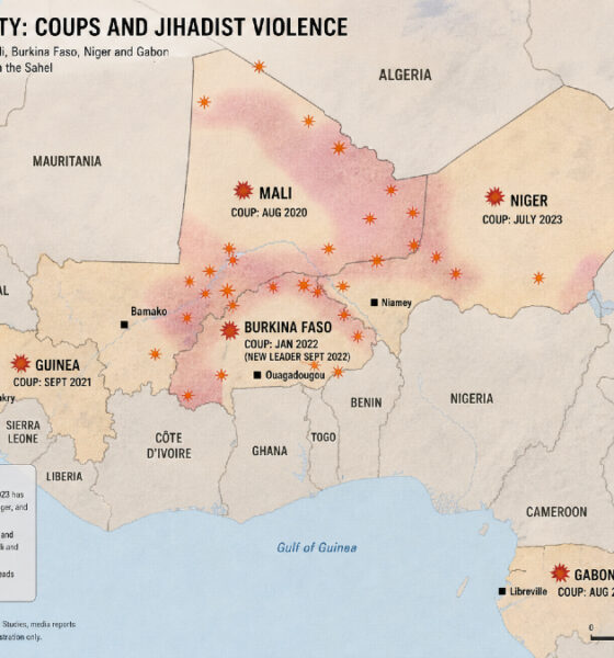 Map of the Sahel region in West Africa highlighting recent military coups in Mali, Burkina Faso, Niger, Guinea, and Gabon, alongside escalating jihadist attacks and instability centered around Mali’s capital Bamako and northern conflict zones.