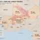 Map of the Sahel region in West Africa highlighting recent military coups in Mali, Burkina Faso, Niger, Guinea, and Gabon, alongside escalating jihadist attacks and instability centered around Mali’s capital Bamako and northern conflict zones.