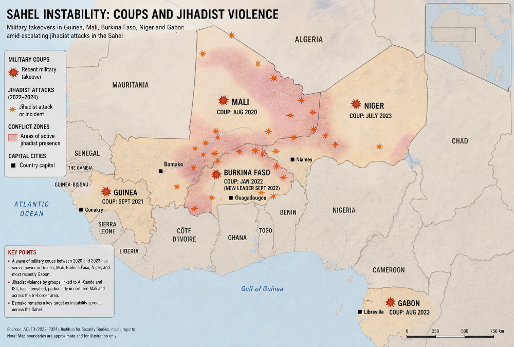 Map of the Sahel region in West Africa highlighting recent military coups in Mali, Burkina Faso, Niger, Guinea, and Gabon, alongside escalating jihadist attacks and instability centered around Mali’s capital Bamako and northern conflict zones.