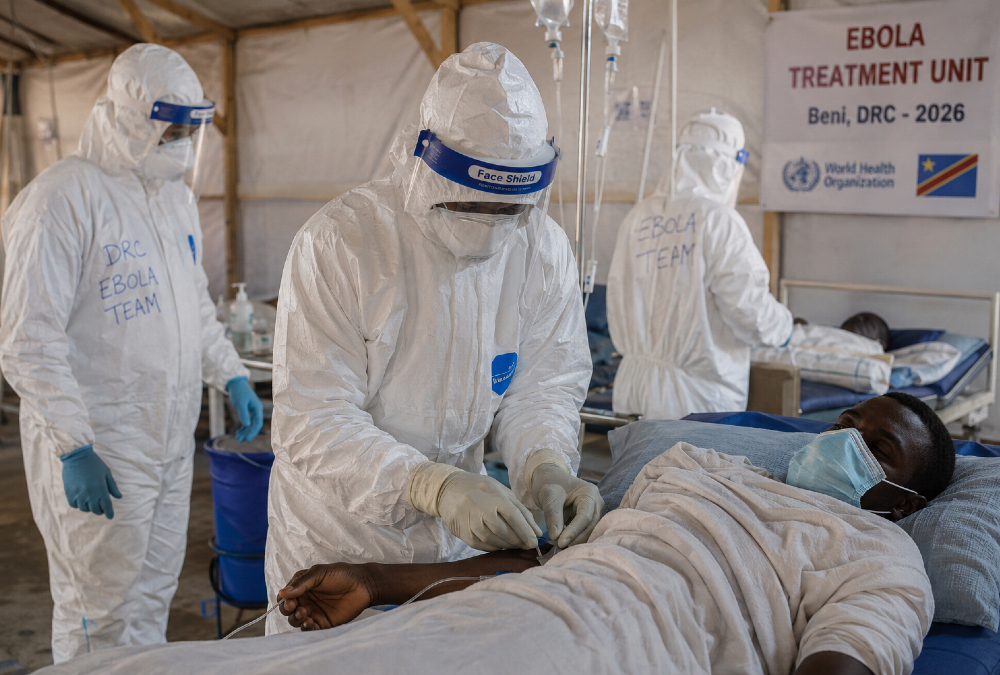 Health workers in hazmat suits treating Ebola patients at a medical facility in the Democratic Republic of Congo during the 2026 outbreak.