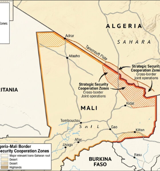 Map showing the 1,376-kilometer Algeria-Mali border in the Sahel region, highlighting strategic security cooperation zones