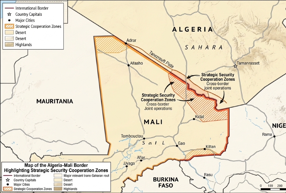 Map showing the 1,376-kilometer Algeria-Mali border in the Sahel region, highlighting strategic security cooperation zones