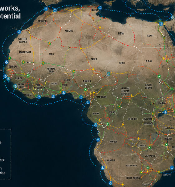 Fragmented transport and energy networks across Africa showing disconnected ports, corridors, and missing middle digital infrastructure.
