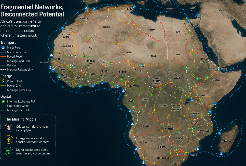 Fragmented transport and energy networks across Africa showing disconnected ports, corridors, and missing middle digital infrastructure.