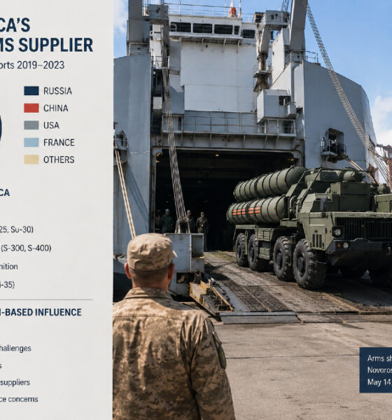 Arms shipment documentation or military equipment, representing Russia's role as Africa's largest arms supplier and the limits of coercion-based influence