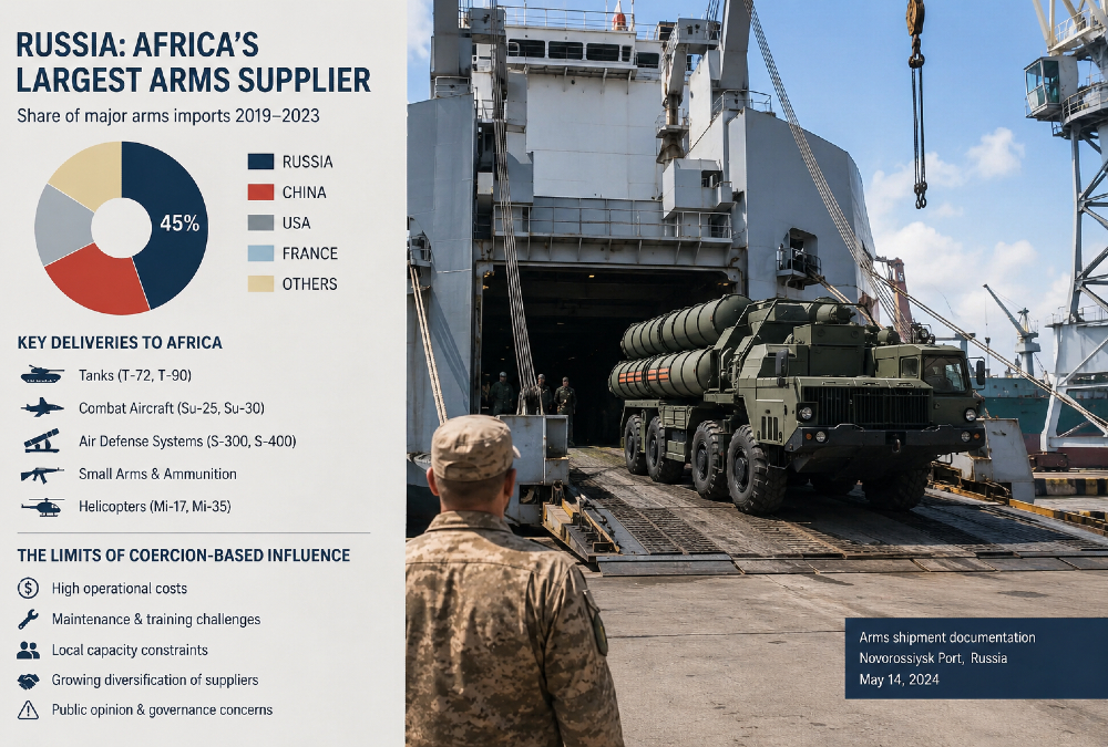 Arms shipment documentation or military equipment, representing Russia's role as Africa's largest arms supplier and the limits of coercion-based influence