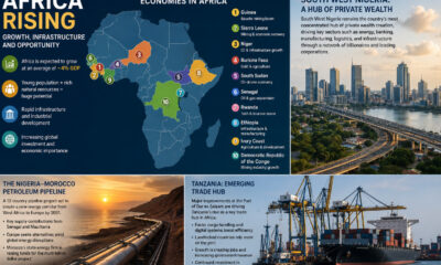 Fastest-growing African economies map highlighting Guinea, Rwanda, and Senegal alongside infrastructure projects like the Nigeria–Morocco gas pipeline and Port of Dar es Salaam driving Africa’s economic growth