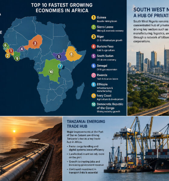 Fastest-growing African economies map highlighting Guinea, Rwanda, and Senegal alongside infrastructure projects like the Nigeria–Morocco gas pipeline and Port of Dar es Salaam driving Africa’s economic growth