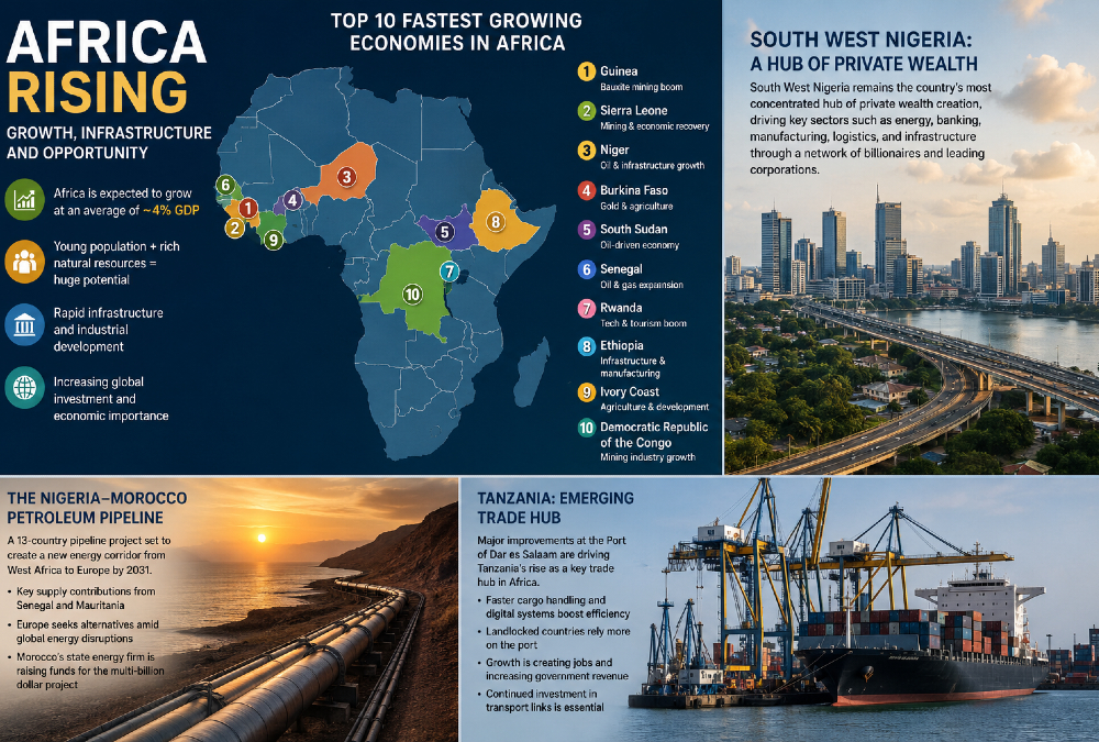 Fastest-growing African economies map highlighting Guinea, Rwanda, and Senegal alongside infrastructure projects like the Nigeria–Morocco gas pipeline and Port of Dar es Salaam driving Africa’s economic growth