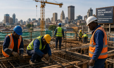 South African construction workers on a building site, representing the emerging contractor sector the SEDFA R300 million Construction Fund aims to support amid growing global calls for digital modernization in infrastructure development.