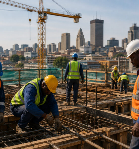 South African construction workers on a building site, representing the emerging contractor sector the SEDFA R300 million Construction Fund aims to support amid growing global calls for digital modernization in infrastructure development.