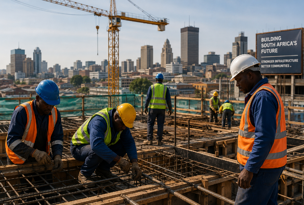 South African construction workers on a building site, representing the emerging contractor sector the SEDFA R300 million Construction Fund aims to support amid growing global calls for digital modernization in infrastructure development.