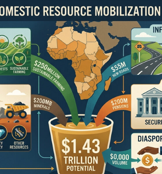 Infographic illustrating Africa's $1.43 trillion domestic resource mobilization potential from land, minerals, infrastructure, pensions, and diaspora remittances
