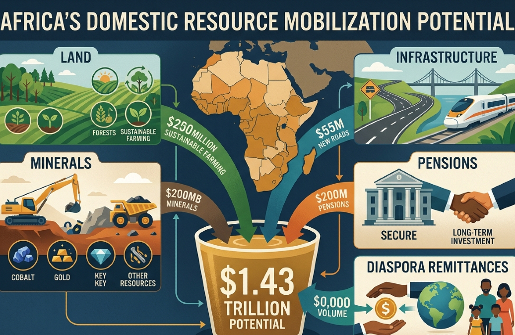 Infographic illustrating Africa's $1.43 trillion domestic resource mobilization potential from land, minerals, infrastructure, pensions, and diaspora remittances