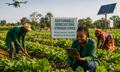 African farmers harvesting crops using sustainable agriculture practices, symbolizing agricultural financing, food security, youth-driven innovation, and climate resilience in Africa