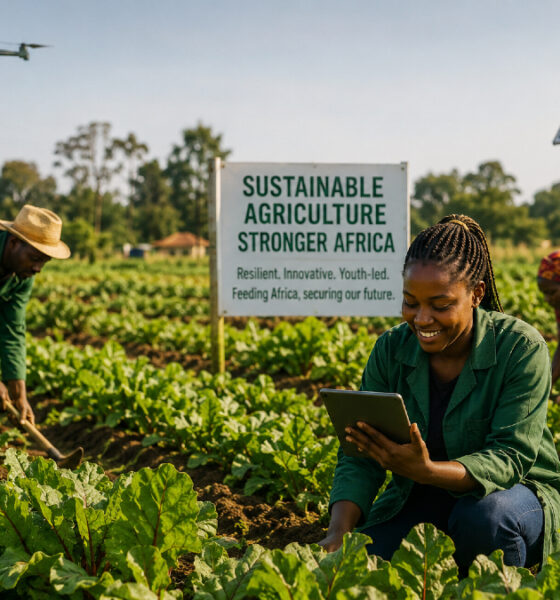 African farmers harvesting crops using sustainable agriculture practices, symbolizing agricultural financing, food security, youth-driven innovation, and climate resilience in Africa