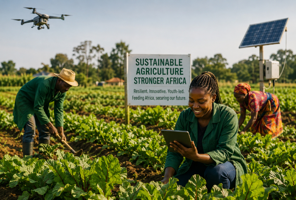 African farmers harvesting crops using sustainable agriculture practices, symbolizing agricultural financing, food security, youth-driven innovation, and climate resilience in Africa
