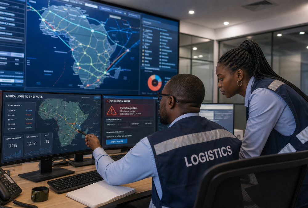 African logistics operators using real-time digital platforms to monitor cargo flows, model disruptions, and dynamically reroute shipments across continental networks.