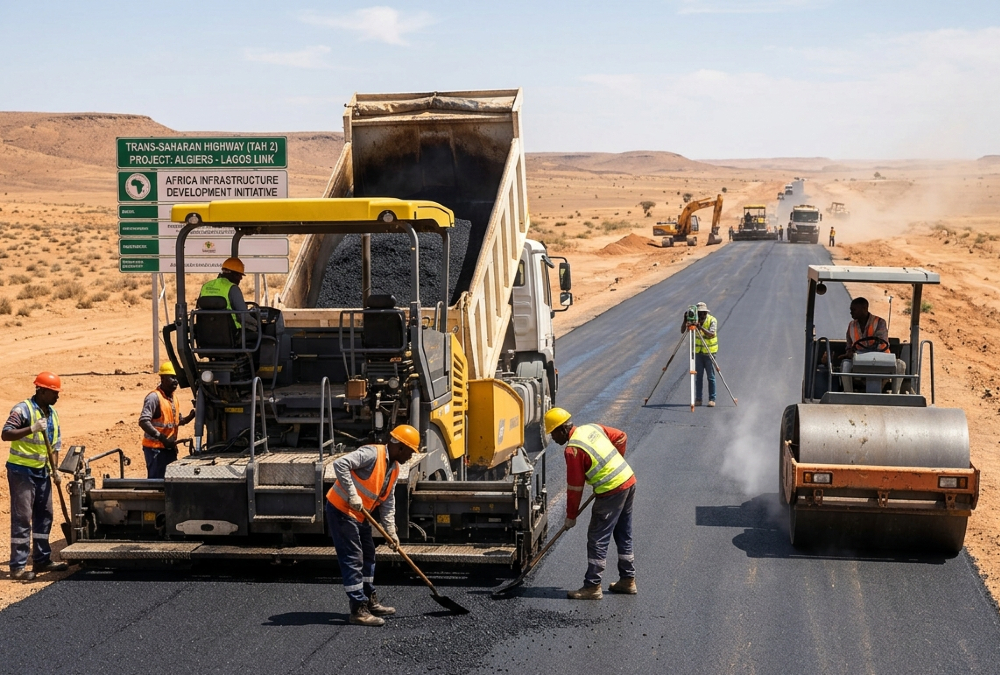 Construction workers paving the Trans-Saharan Highway (TAH 2) linking Algiers to Lagos, part of Africa's infrastructure development initiative