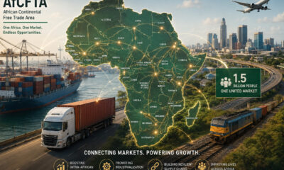 Illustration of Africa’s Continental Free Trade Area (AfCFTA) transforming intra-African trade, showing connected African countries, cargo ships, trucks, and trade routes symbolizing a unified 1.5 billion-person market driving economic growth and regional integration.