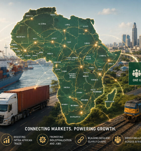 Illustration of Africa’s Continental Free Trade Area (AfCFTA) transforming intra-African trade, showing connected African countries, cargo ships, trucks, and trade routes symbolizing a unified 1.5 billion-person market driving economic growth and regional integration.